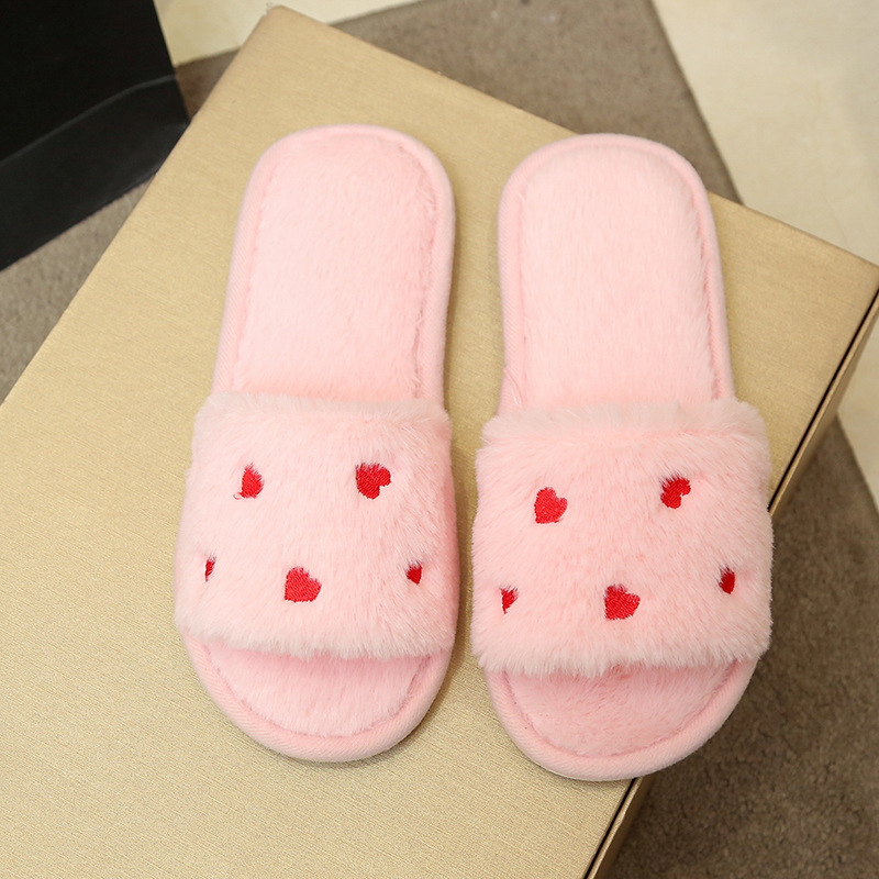 Women's Soft Plush Heart Embroidered Open Toe Slippers 7