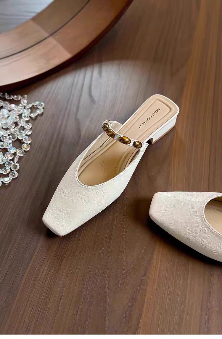 Women's Square Toe Low Heel Mules with Decorative Strap