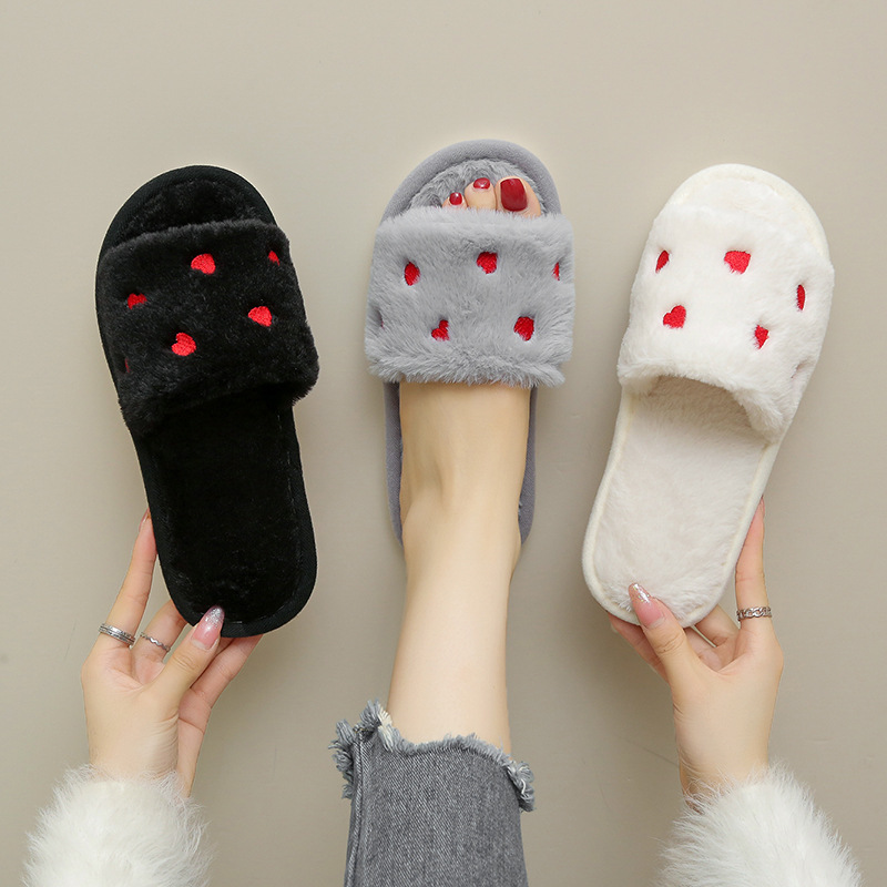 Women's Soft Plush Heart Embroidered Open Toe Slippers 2