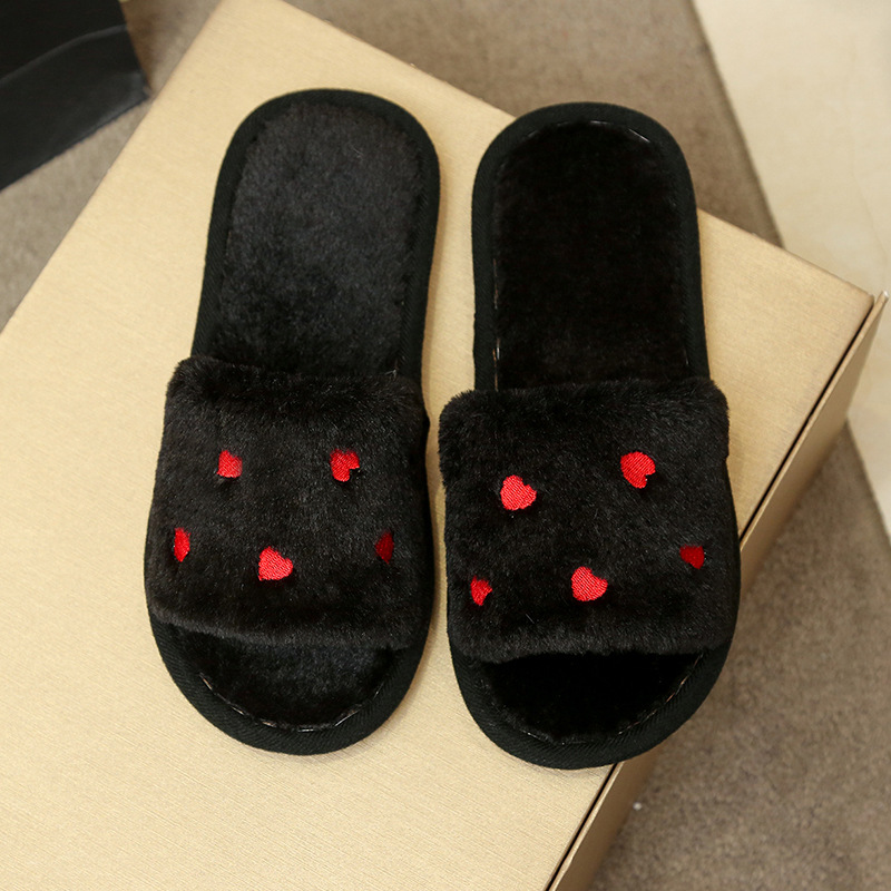 Women's Soft Plush Heart Embroidered Open Toe Slippers 8