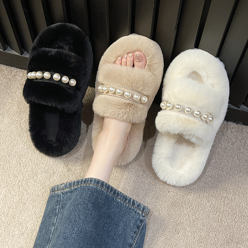 Women's Fluffy Open Toe Slippers with Pearl Strap