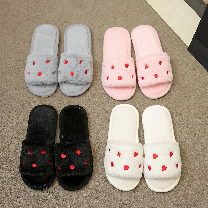 Women's Soft Plush Heart Embroidered Open Toe Slippers 5