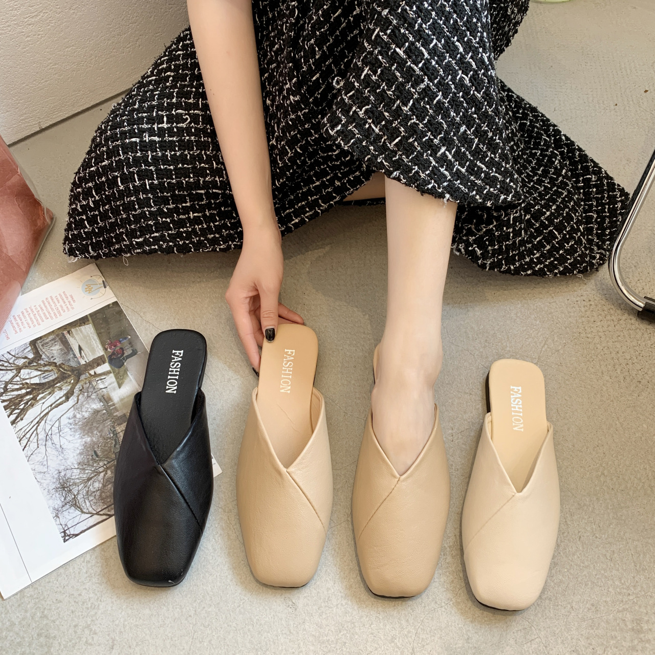 Mules plates minimalistes à bout carré pour femmes