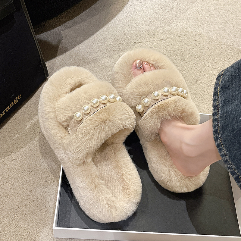 Women's Fluffy Open Toe Slippers with Pearl Strap 2