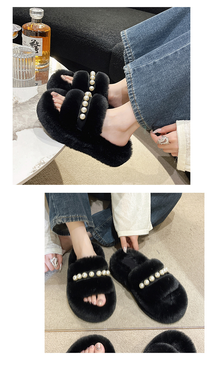 Women's Fluffy Open Toe Slippers with Pearl Strap