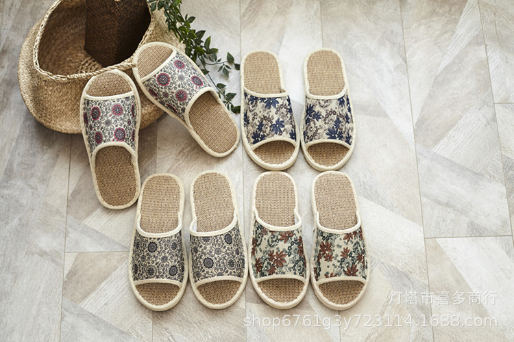 Breathable Linen Open Toe Slippers with Floral Pattern