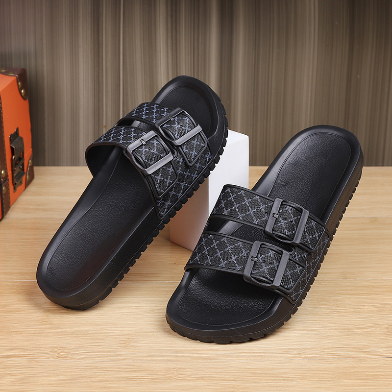 Men's Double Buckle Slide Sandals with Patterned Straps 2