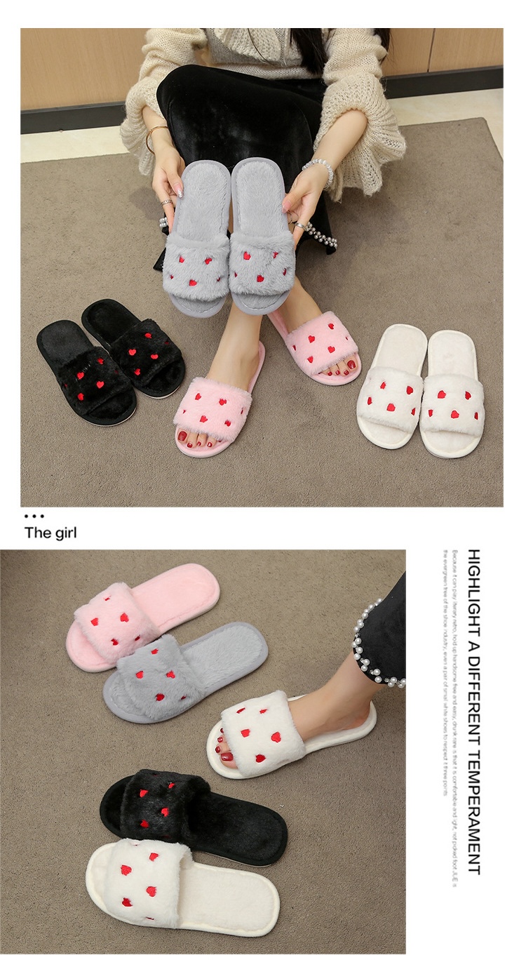 Women's Soft Plush Heart Embroidered Open Toe Slippers