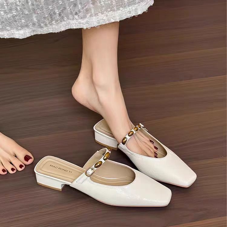 Women's Square Toe Low Heel Mules with Decorative Strap 4