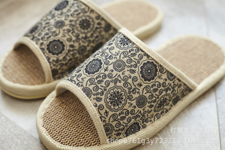 Breathable Linen Open Toe Slippers with Floral Pattern