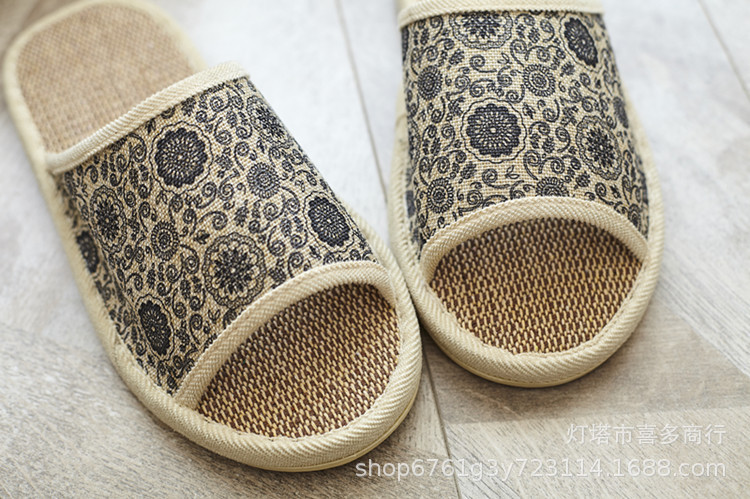 Breathable Linen Open Toe Slippers with Floral Pattern