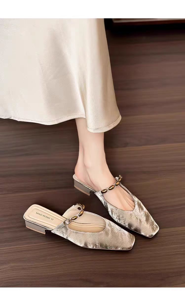 Women's Square Toe Low Heel Mules with Decorative Strap