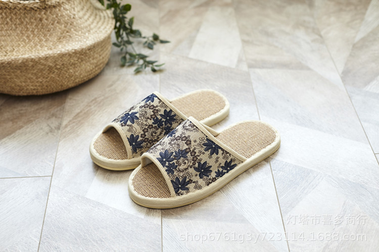 Breathable Linen Open Toe Slippers with Floral Pattern