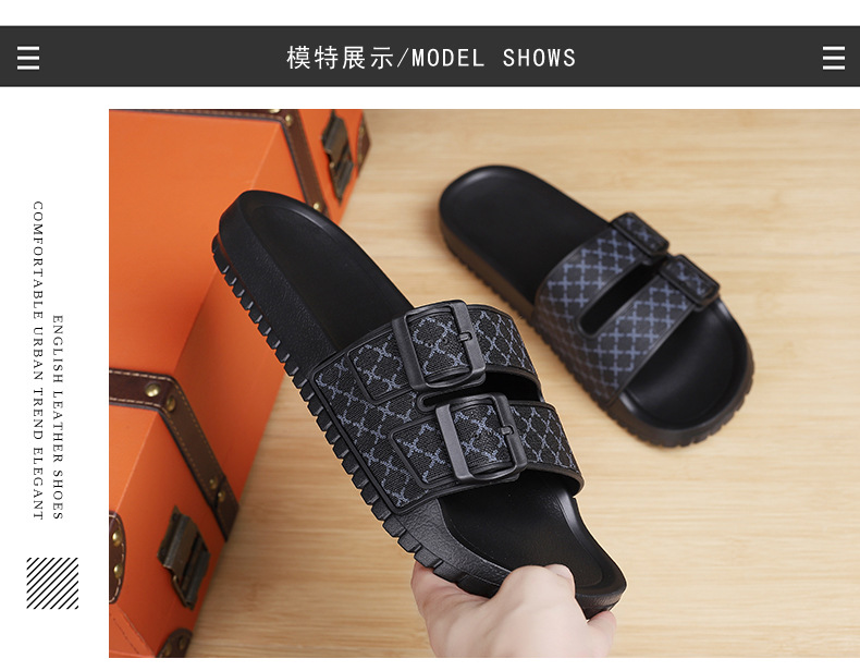 Men's Double Buckle Slide Sandals with Patterned Straps