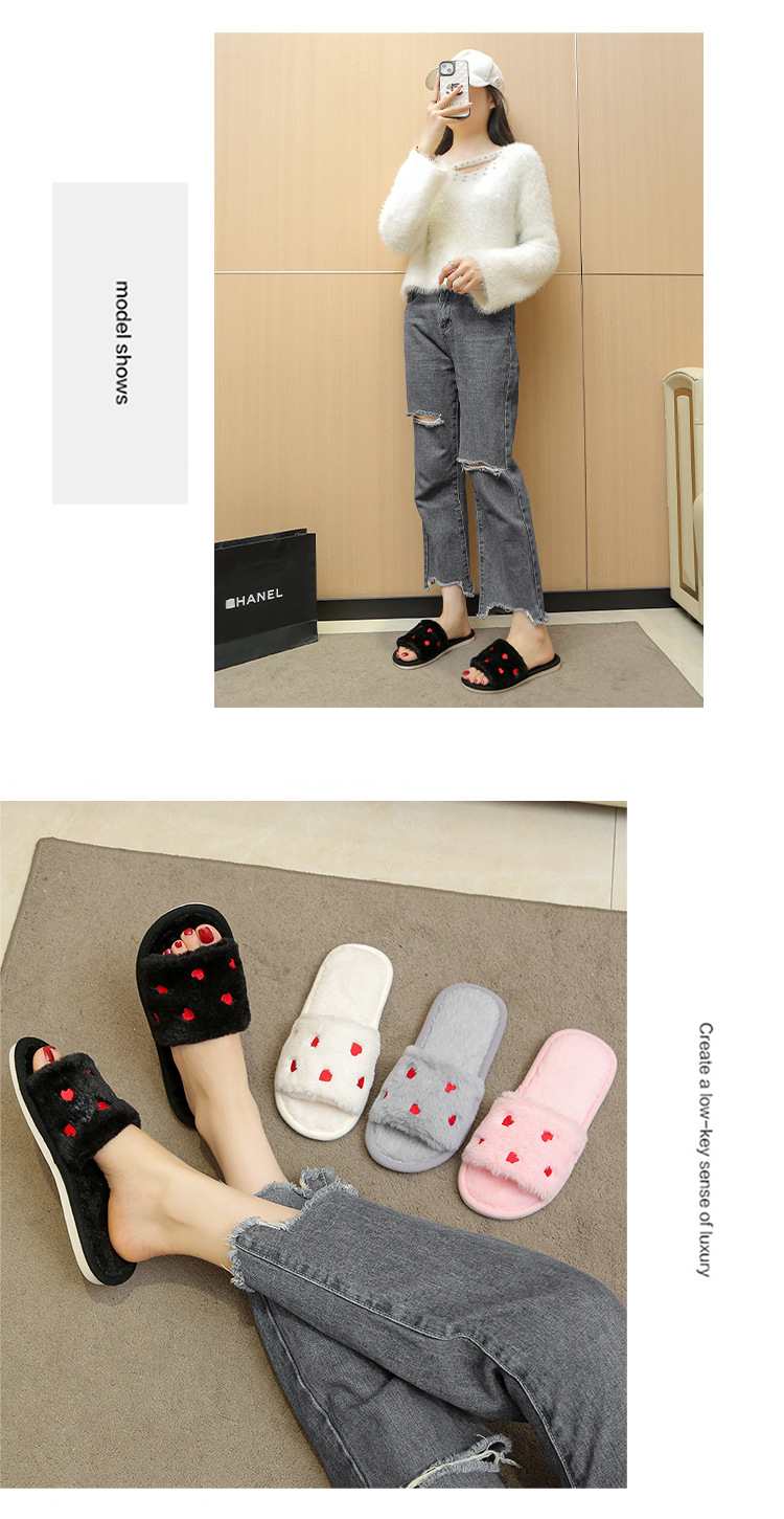 Women's Soft Plush Heart Embroidered Open Toe Slippers