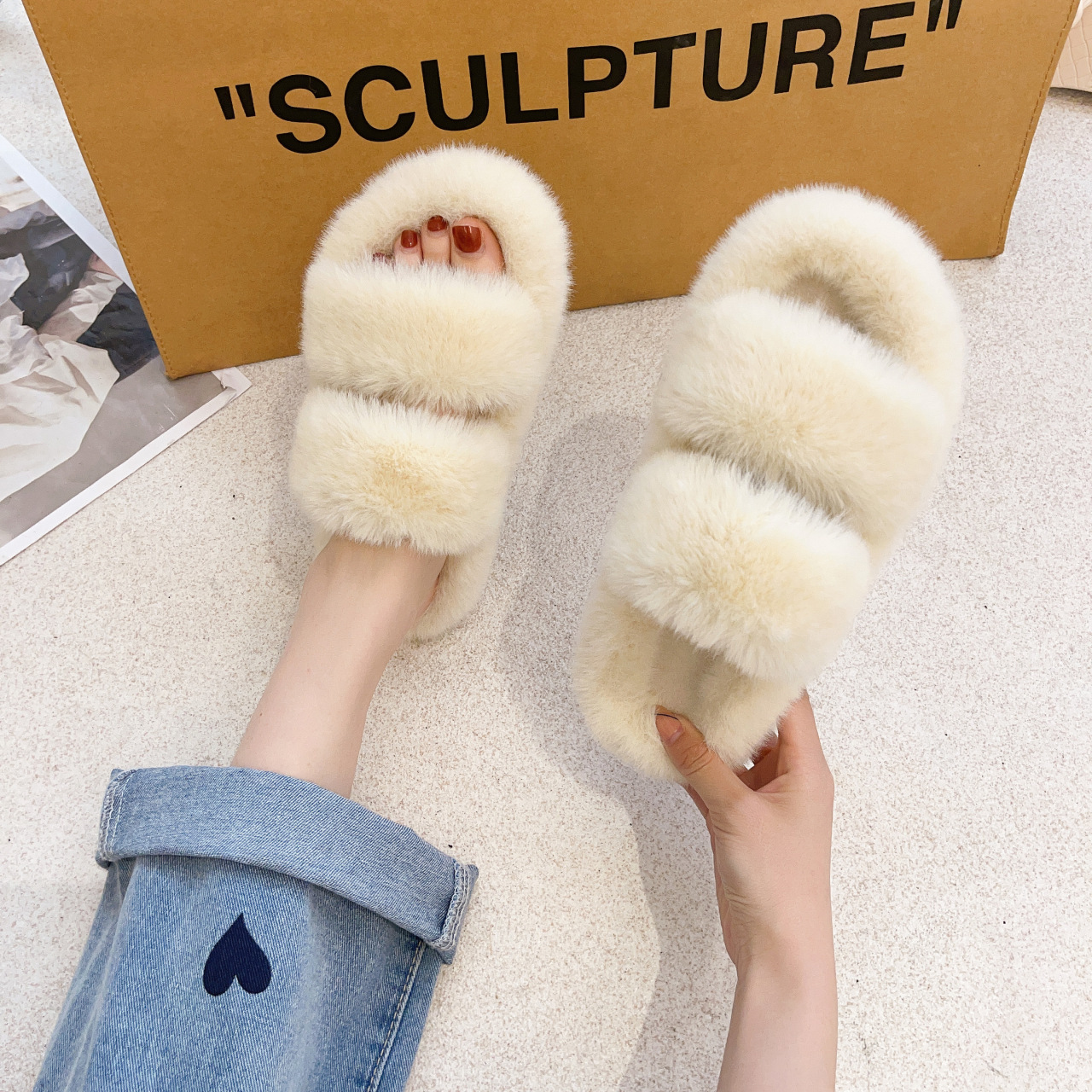 Women's Fluffy Faux Fur Double Strap Slippers 10