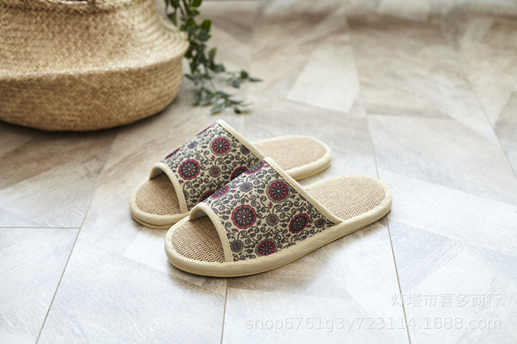 Breathable Linen Open Toe Slippers with Floral Pattern