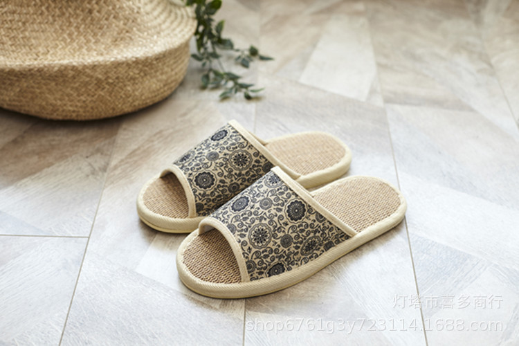 Breathable Linen Open Toe Slippers with Floral Pattern