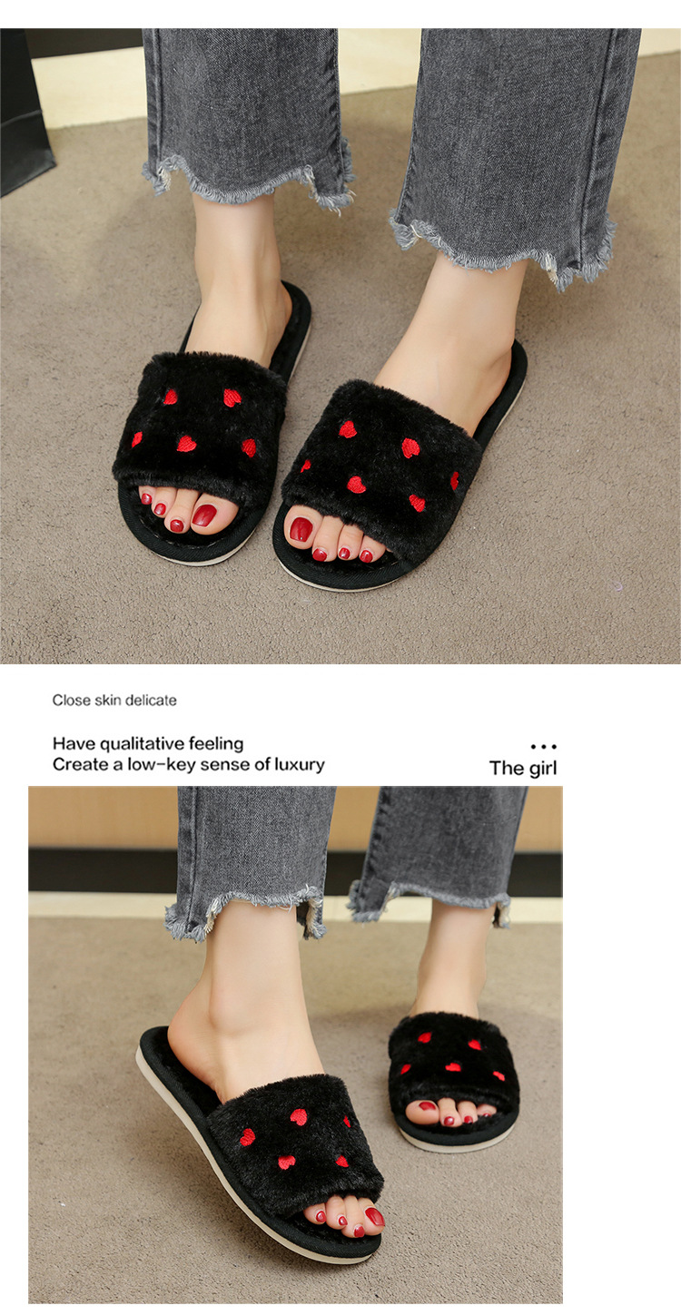 Women's Soft Plush Heart Embroidered Open Toe Slippers