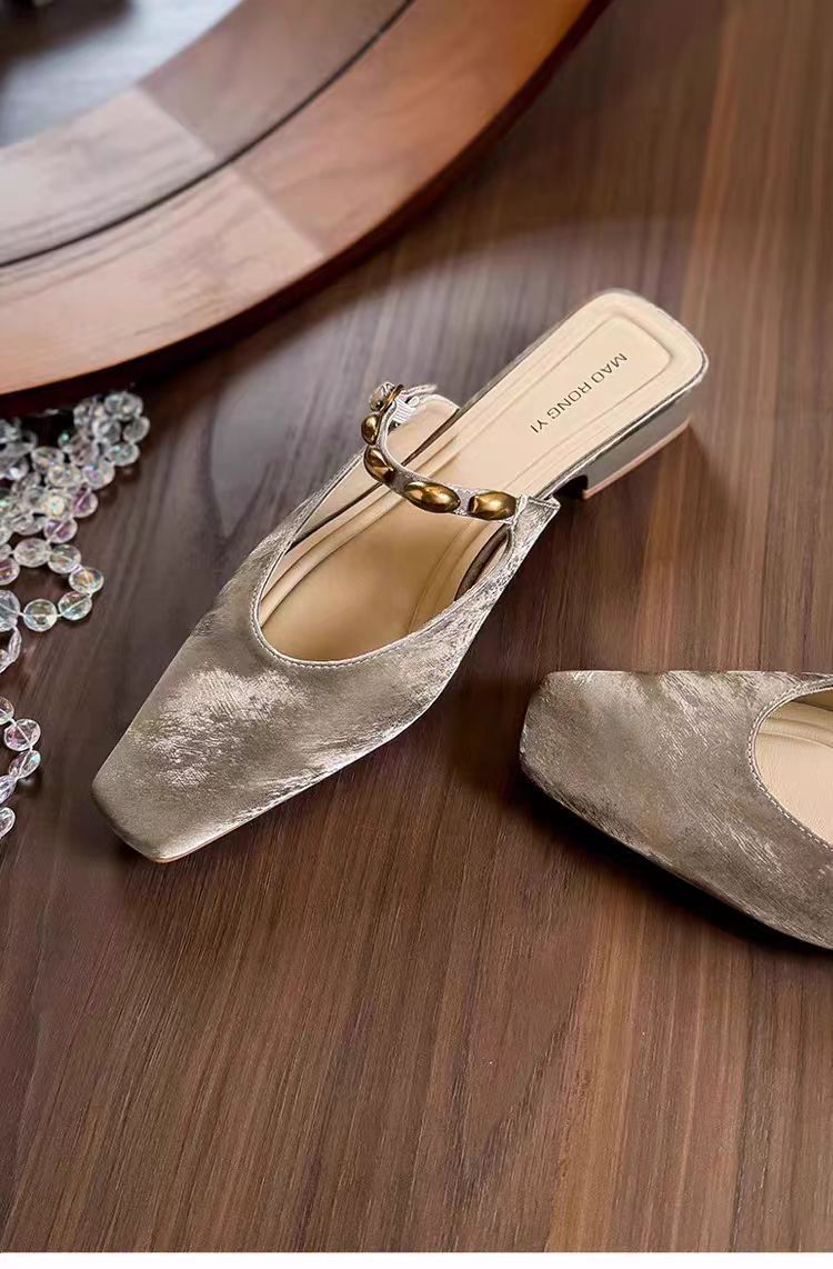 Women's Square Toe Low Heel Mules with Decorative Strap