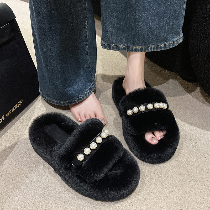 Women's Fluffy Open Toe Slippers with Pearl Strap