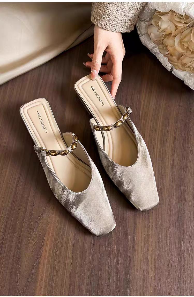 Women's Square Toe Low Heel Mules with Decorative Strap