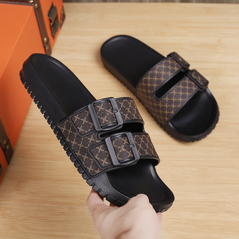 Men's Double Buckle Slide Sandals with Patterned Straps 4