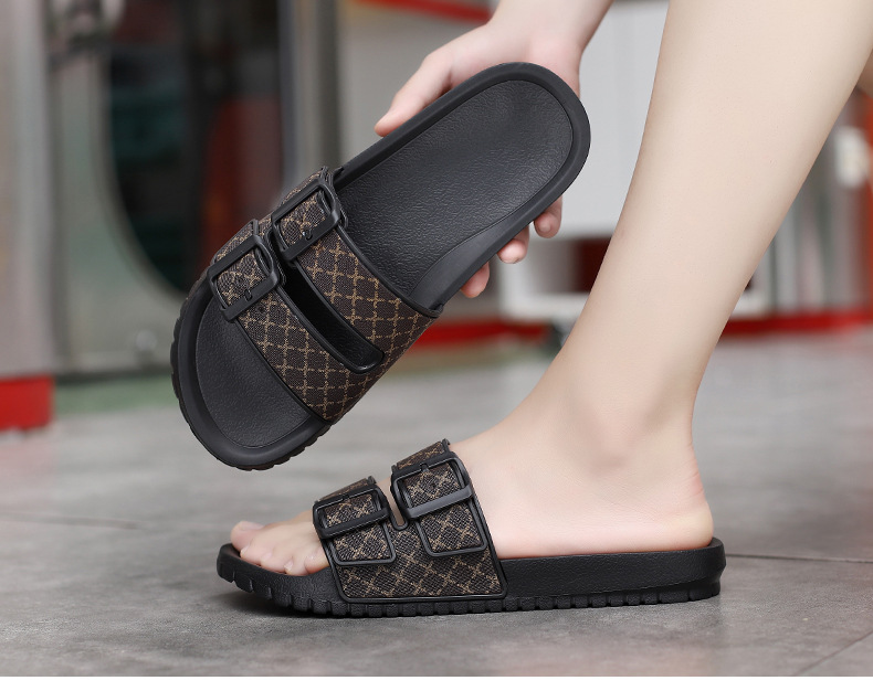 Men's Double Buckle Slide Sandals with Patterned Straps