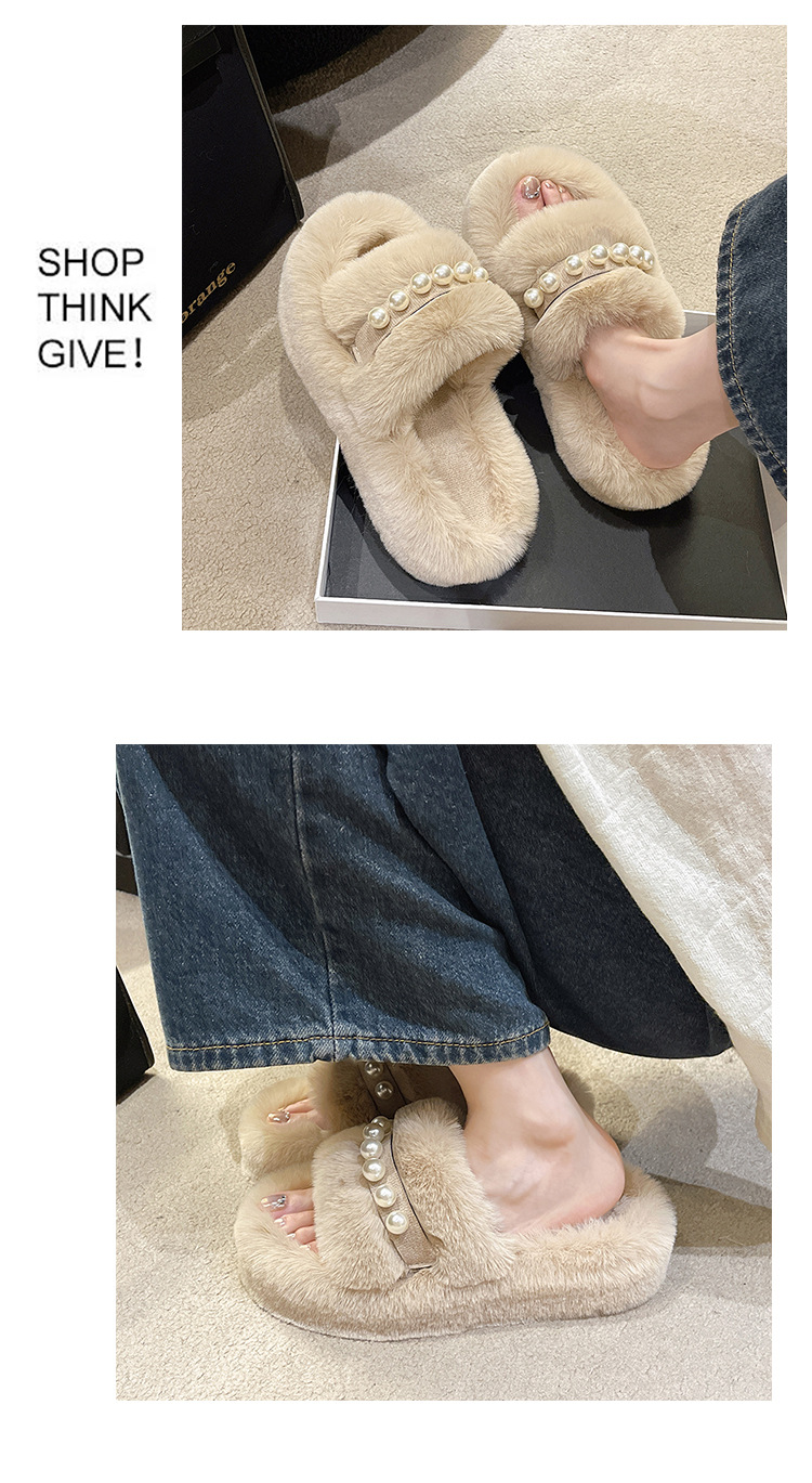 Women's Fluffy Open Toe Slippers with Pearl Strap