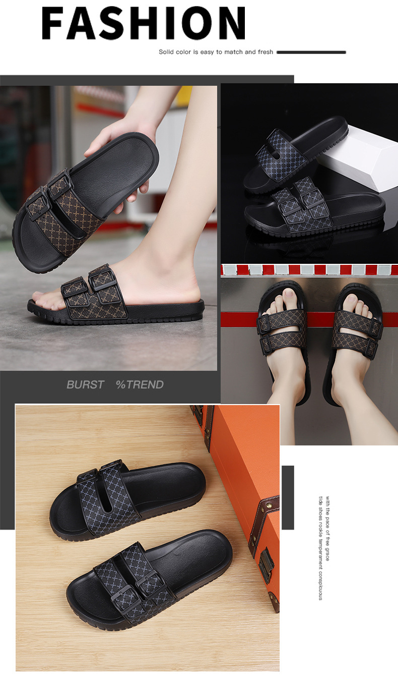 Men's Double Buckle Slide Sandals with Patterned Straps