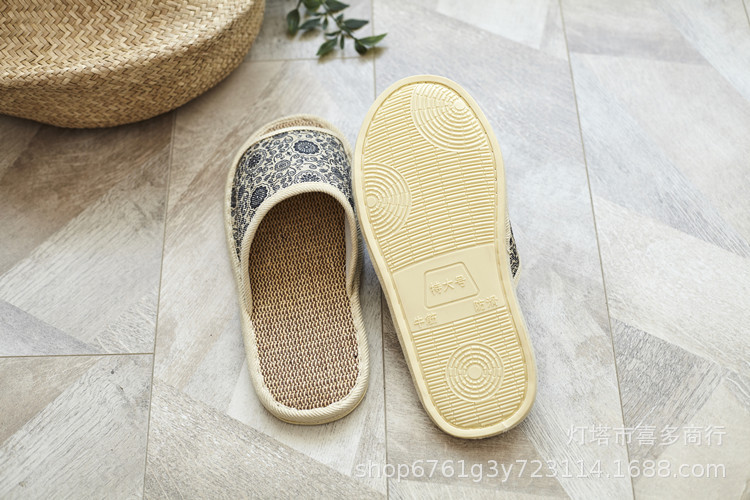 Breathable Linen Open Toe Slippers with Floral Pattern