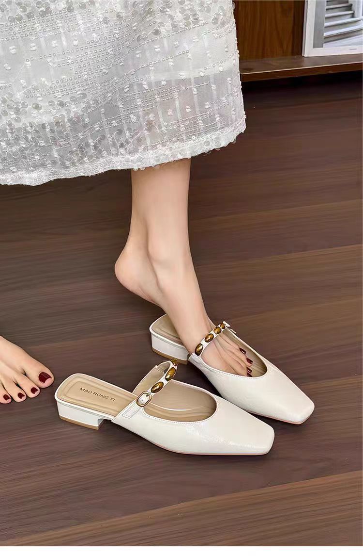 Women's Square Toe Low Heel Mules with Decorative Strap