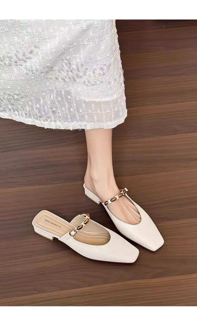 Women's Square Toe Low Heel Mules with Decorative Strap