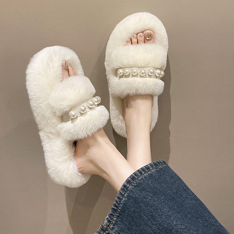 Women's Fluffy Open Toe Slippers with Pearl Strap