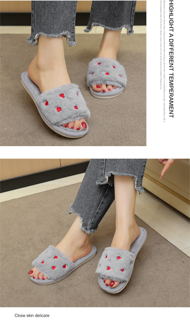 Women's Soft Plush Heart Embroidered Open Toe Slippers