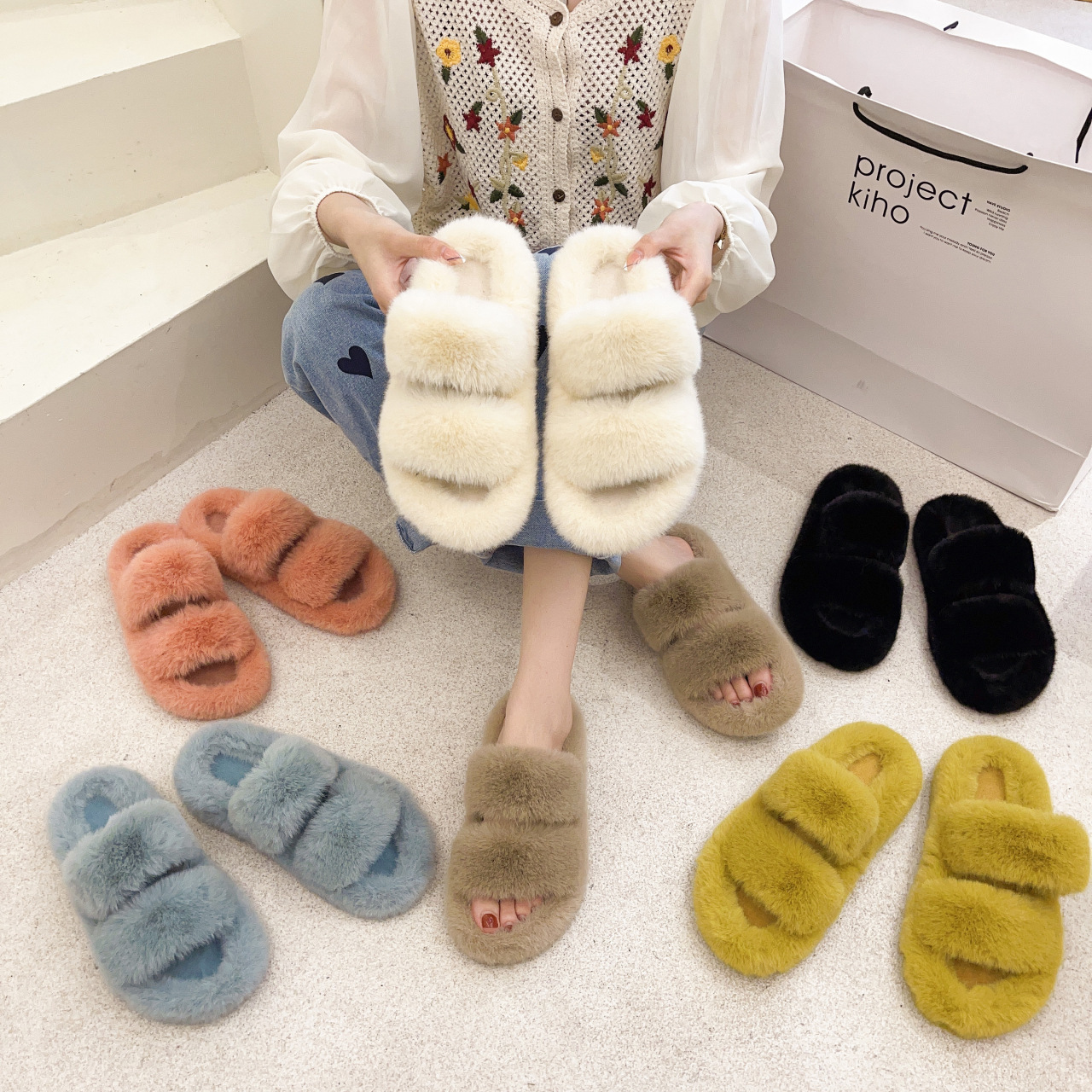Women's Fluffy Faux Fur Double Strap Slippers 2