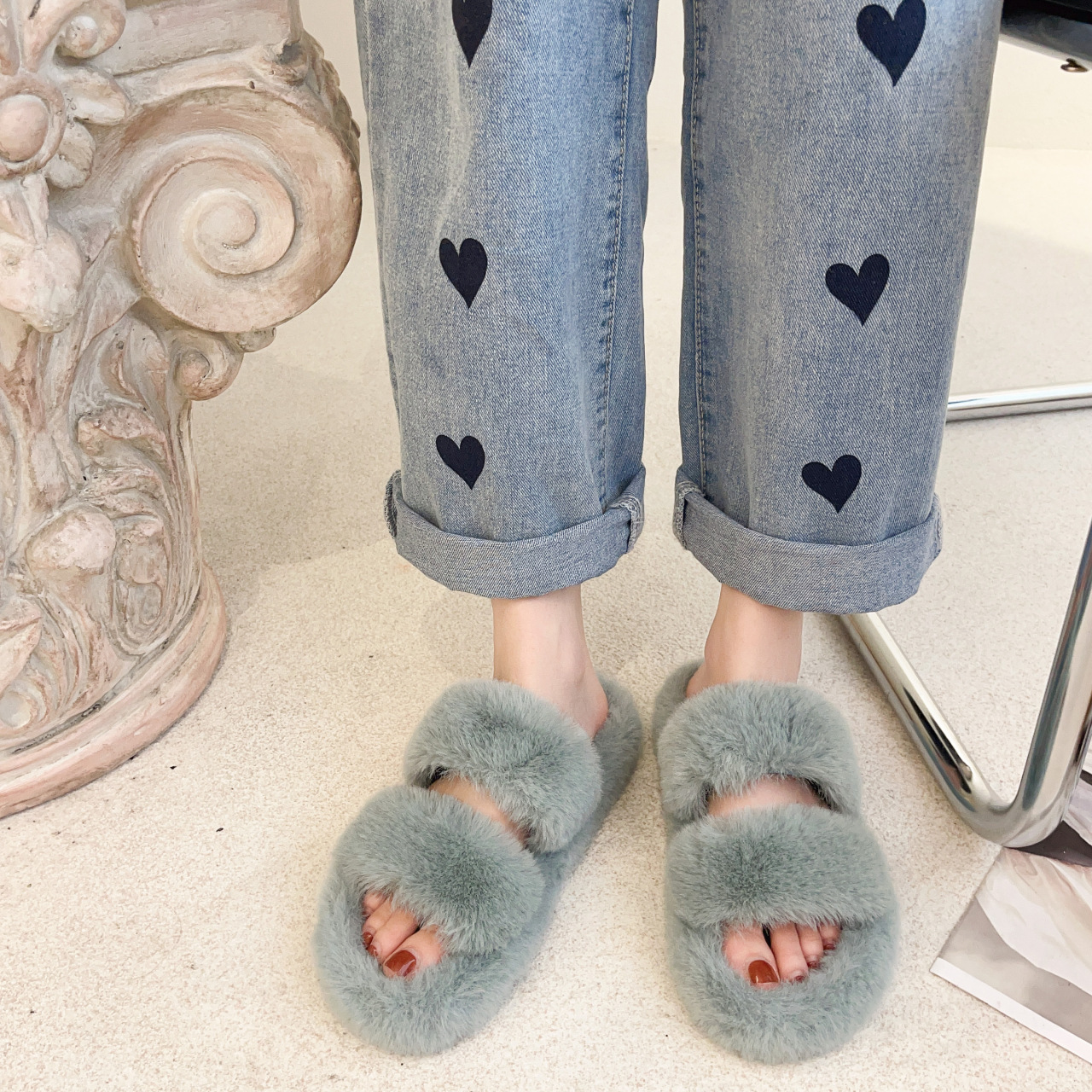 Women's Fluffy Faux Fur Double Strap Slippers 11