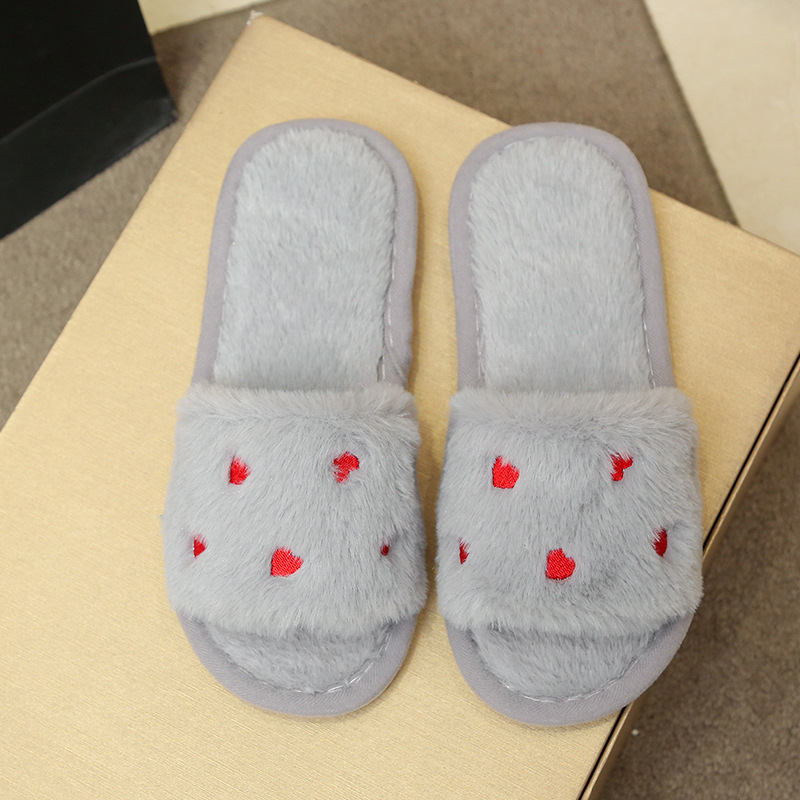 Women's Soft Plush Heart Embroidered Open Toe Slippers 9