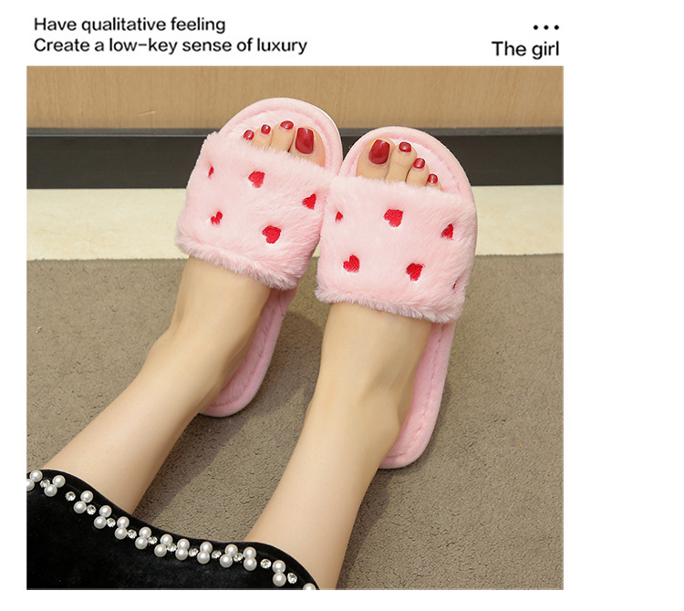 Women's Soft Plush Heart Embroidered Open Toe Slippers