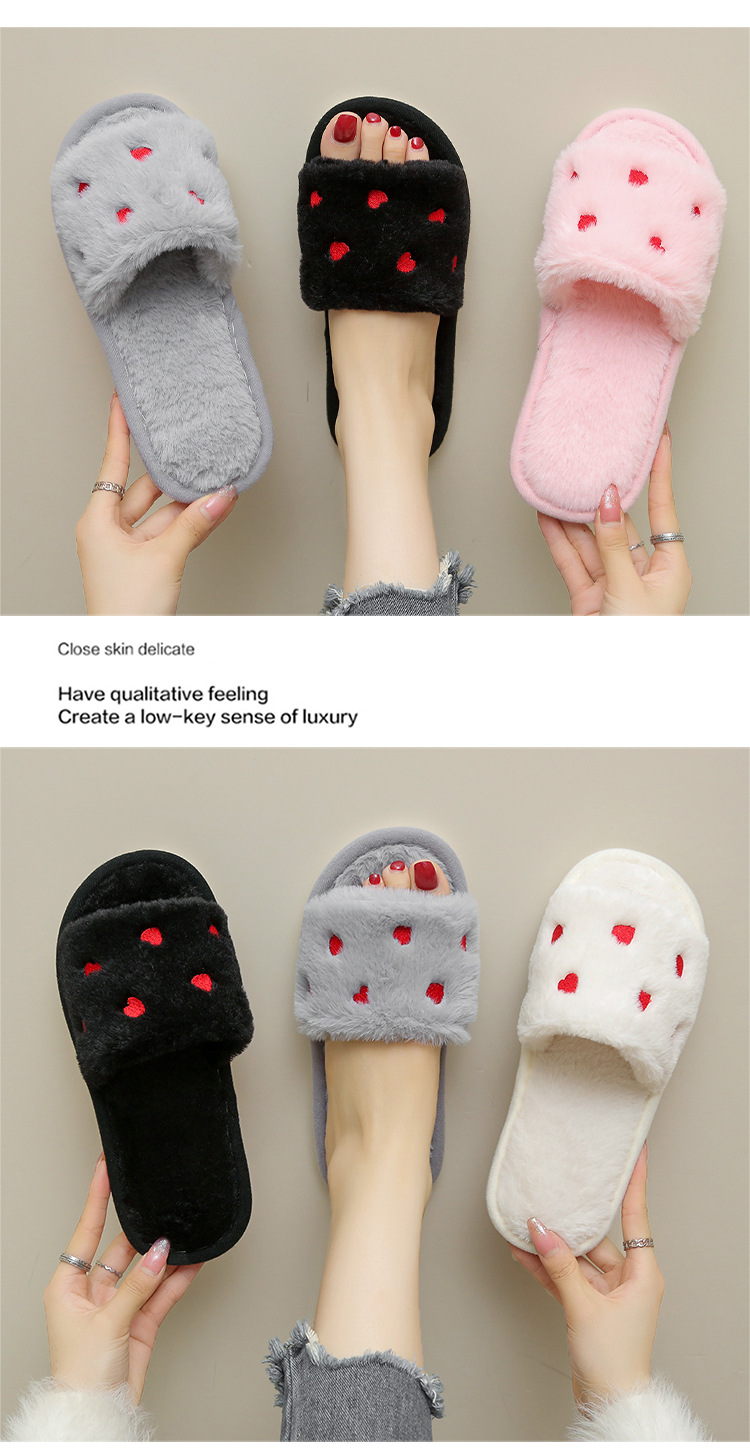 Women's Soft Plush Heart Embroidered Open Toe Slippers