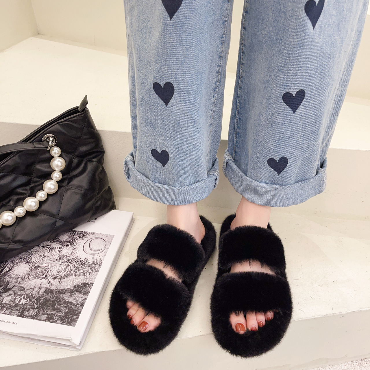 Women's Fluffy Faux Fur Double Strap Slippers 6