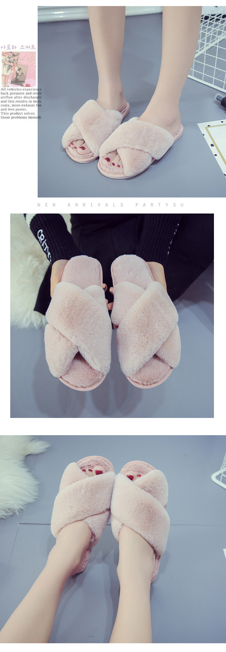 Pantofole da donna in pelliccia sintetica con fascia incrociata, punta aperta, scarpe da casa morbide