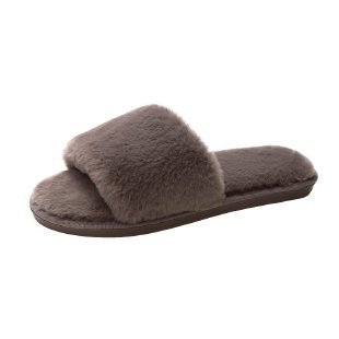 Pantuflas de mujer de piel sintética suave y mullida, con punta abierta y diseño plano.