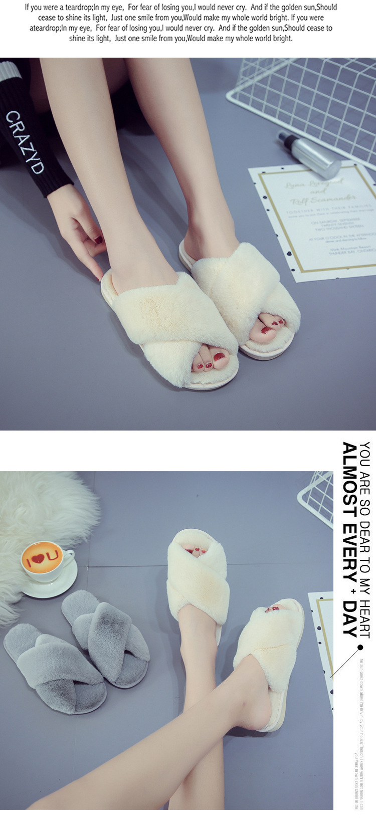 Pantofole da donna in pelliccia sintetica con fascia incrociata, punta aperta, scarpe da casa morbide
