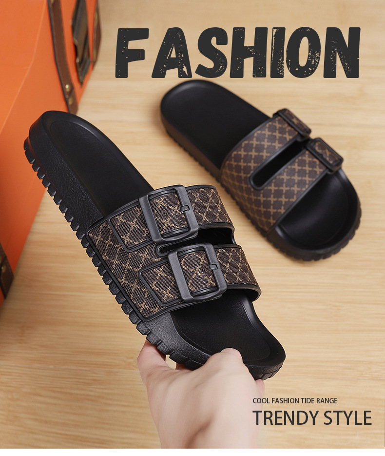 Men's Double Buckle Slide Sandals with Patterned Straps