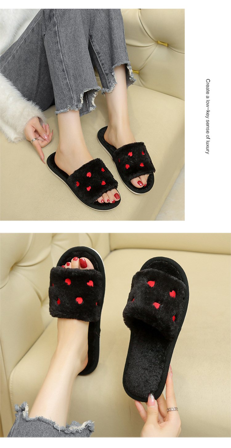 Women's Soft Plush Heart Embroidered Open Toe Slippers