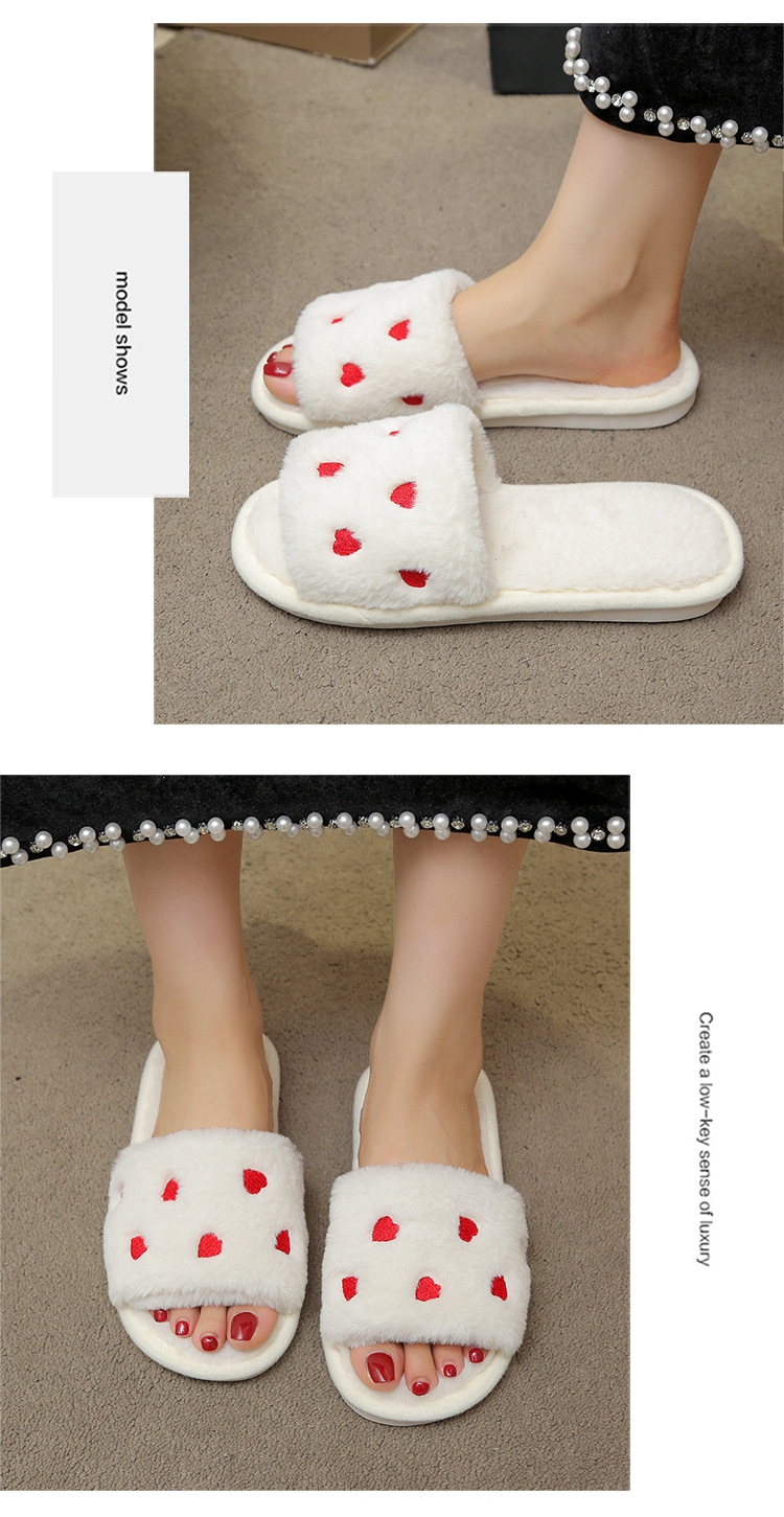 Women's Soft Plush Heart Embroidered Open Toe Slippers