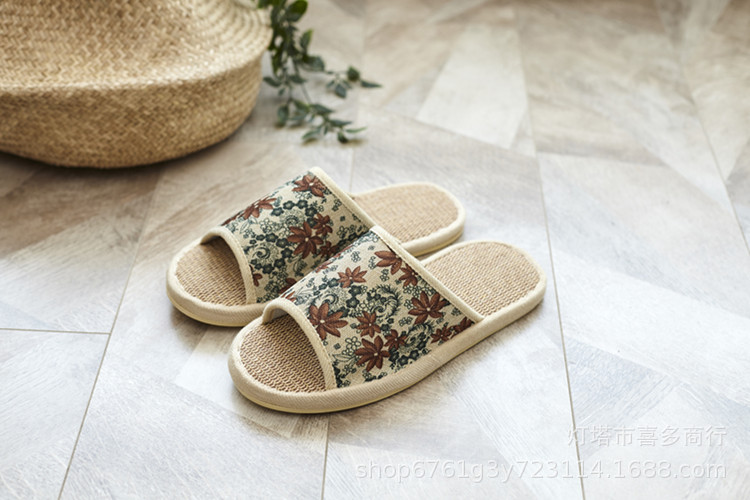 Breathable Linen Open Toe Slippers with Floral Pattern