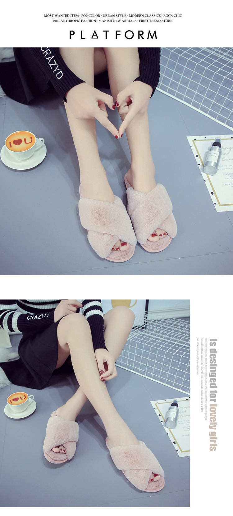 Pantofole da donna in pelliccia sintetica con fascia incrociata, punta aperta, scarpe da casa morbide