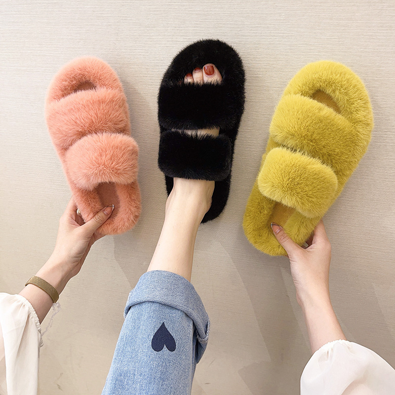 Women's Fluffy Faux Fur Double Strap Slippers 3